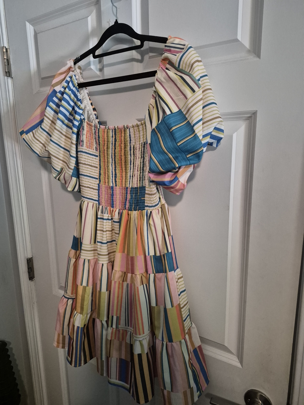 Entro Striped Puffy Sleeves Mini Dress Feminine Beach Multicolor- Small - Picture 5 of 6